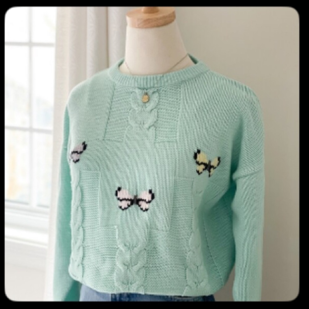 Vintage Sweet Baby Jane Knit Embroidered Butterfly Crewneck Sweater